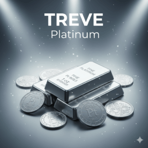 プラチナ(Platinum)のインゴット(地金)とコインが重ねて置かれた、銀色の輝く画像。高松市内のプラチナ・貴金属買取専門店「TREVE」のイメージ。