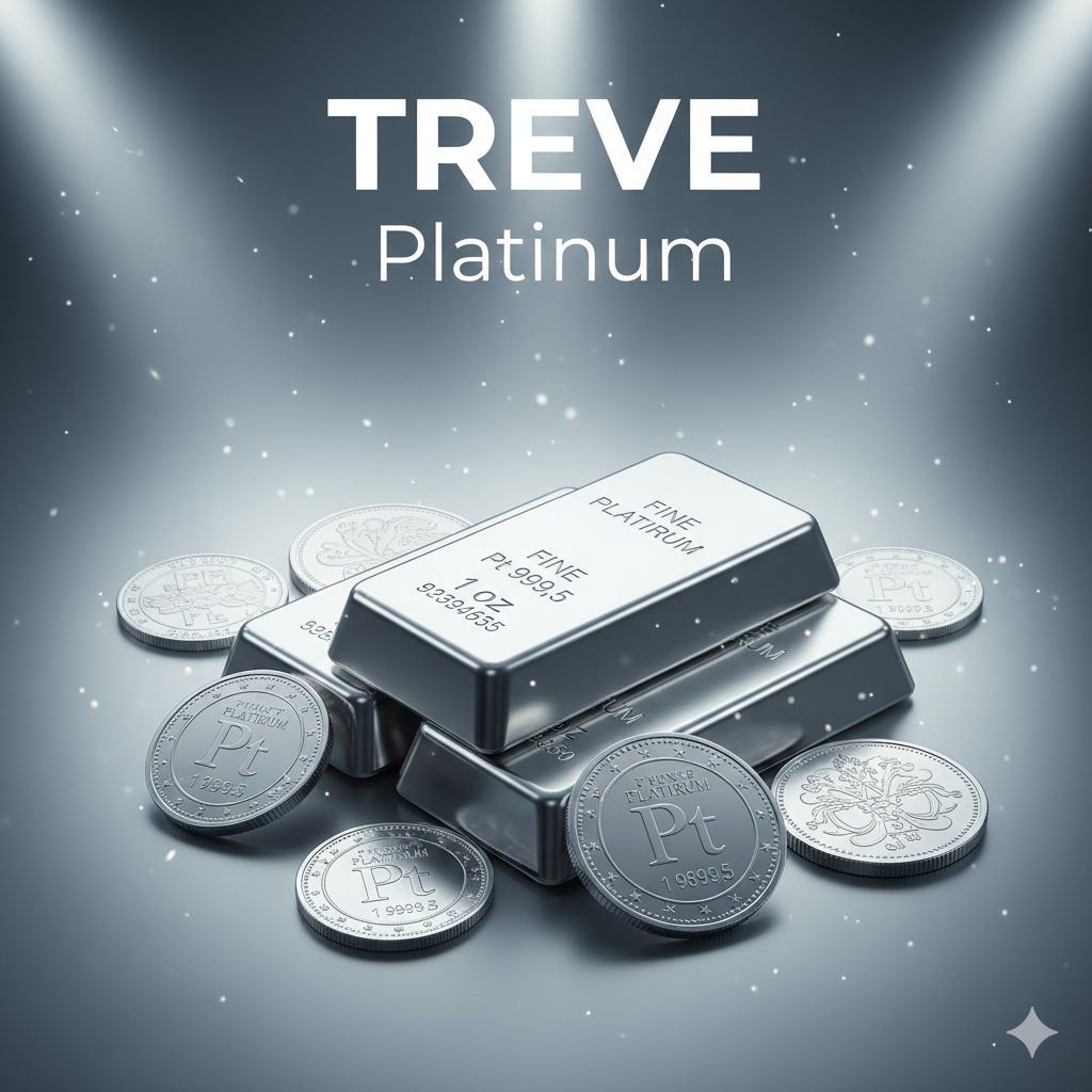 プラチナ（Platinum）のインゴット（地金）とコインが重ねて置かれた、銀色の輝く画像。高松市内のプラチナ・貴金属買取専門店「TREVE」のイメージ。