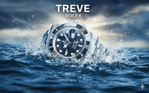 TREVE ROLEXのロゴと、海から飛び出したような迫力のあるロレックス サブマリーナ。高松でロレックスを高価買取。