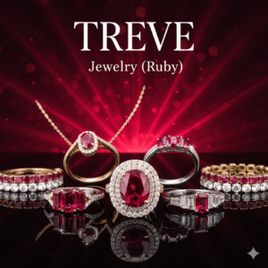 TREVE Jewelry (Ruby)のロゴと、豪華なルビーリングやネックレス。高松でルビーなど色石ジュエリーを高価買取。