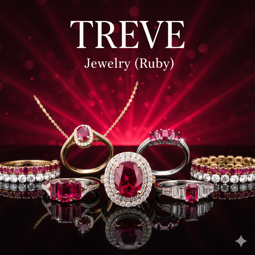 TREVE Jewelry (Ruby)のロゴと、豪華なルビーリングやネックレス。高松でルビーなど色石ジュエリーを高価買取。