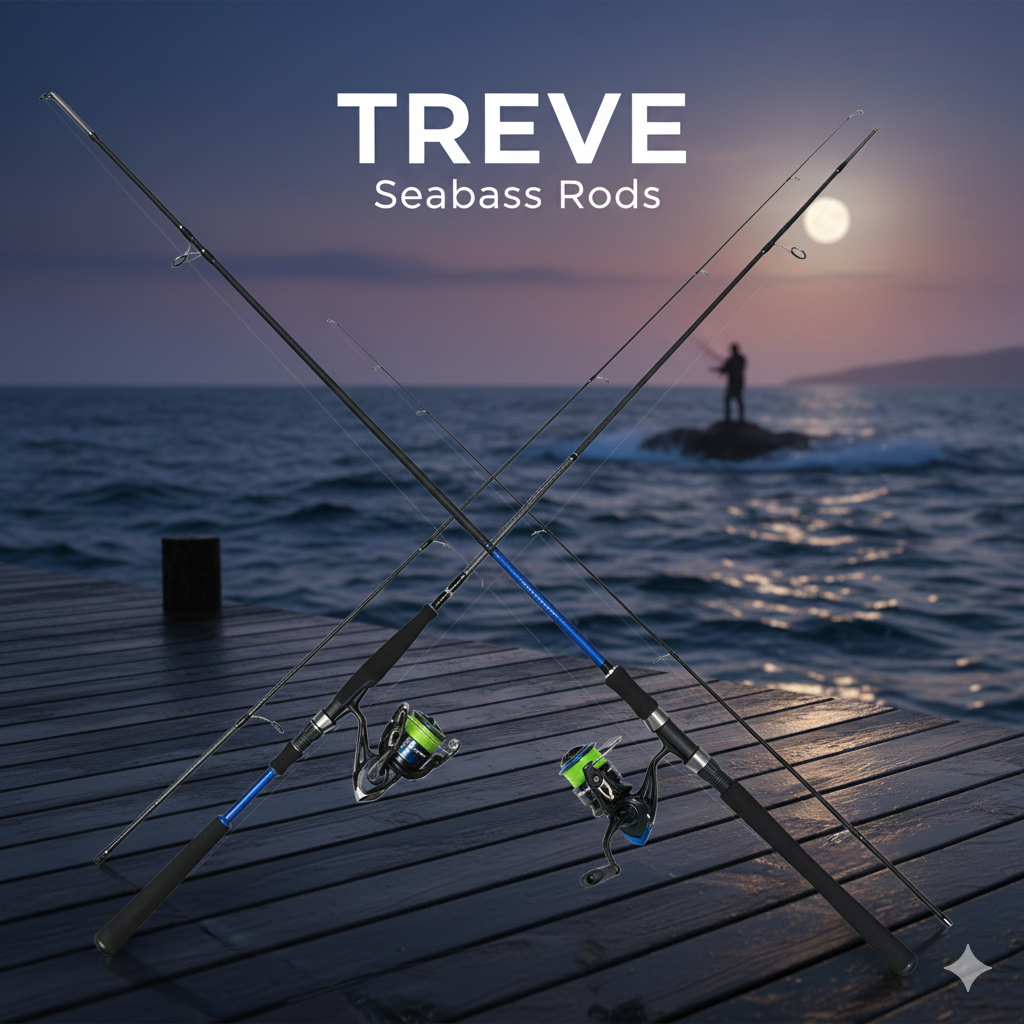 夕暮れの海辺で、シーバスロッドとリールがクロスして立てられている様子。高松市内のシーバスロッド・釣具買取専門店「TREVE」のイメージ。