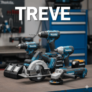 TREVE（トレリバ）のロゴとマキタ（makita）の電動工具セット（インパクト、丸ノコ、グラインダーなど）。電動工具も高価買取する高松の専門店。