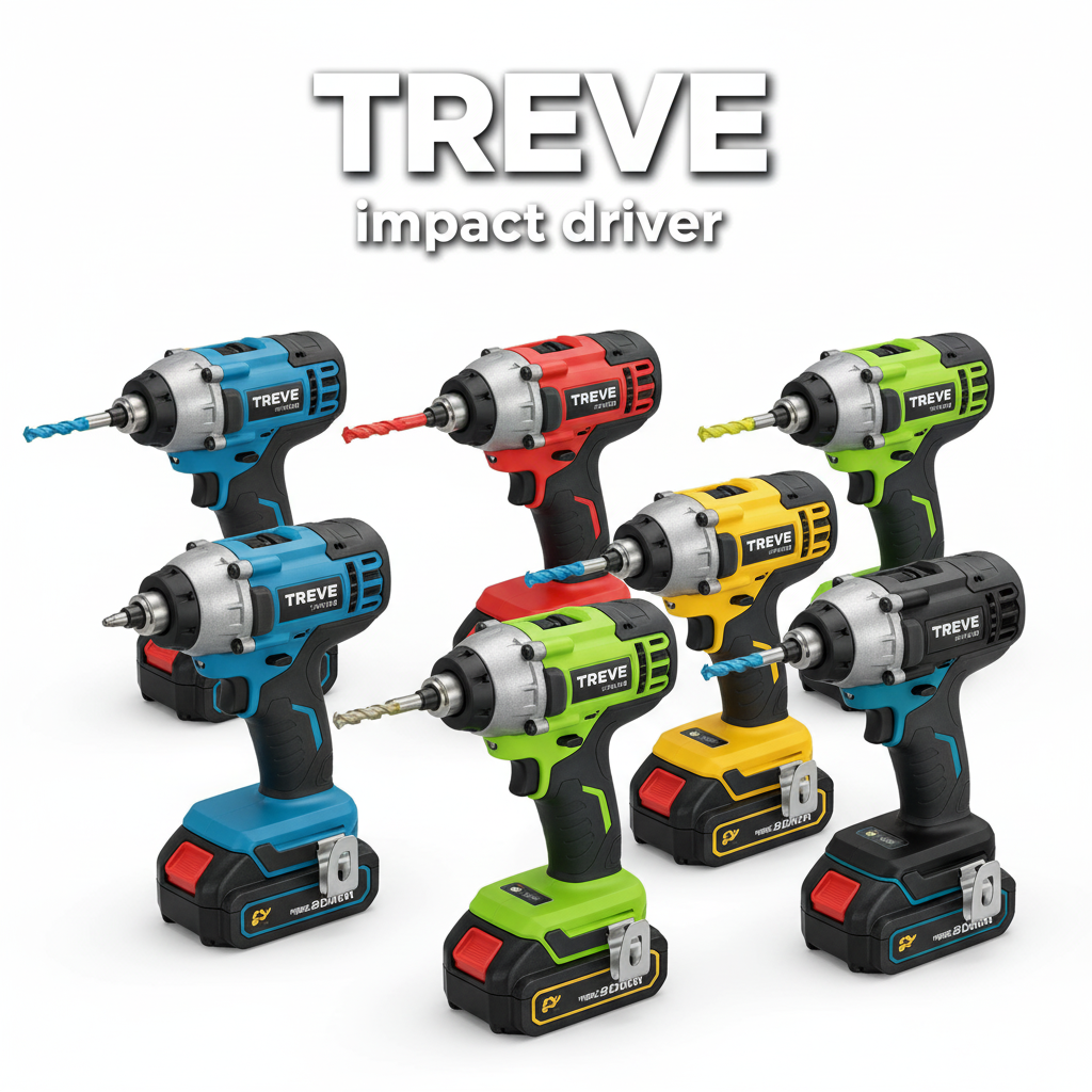 TREVE impact driverのロゴと、カラフルなインパクトドライバーの集合画像。高松で電動工具を高価買取。