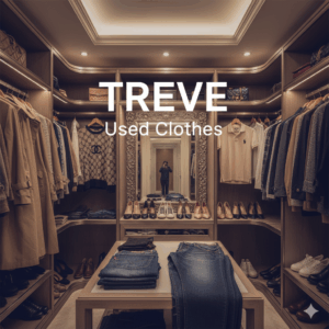 TREVE Used Clothesのロゴと、ウォークインクローゼット内のブランド衣類、バッグ、靴。高松でブランド古着を高価買取。