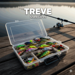 TREVE Used Luresのロゴと、ルアーケースに収められた複数の中古ルアー。高松で釣り具のルアーを高価買取。