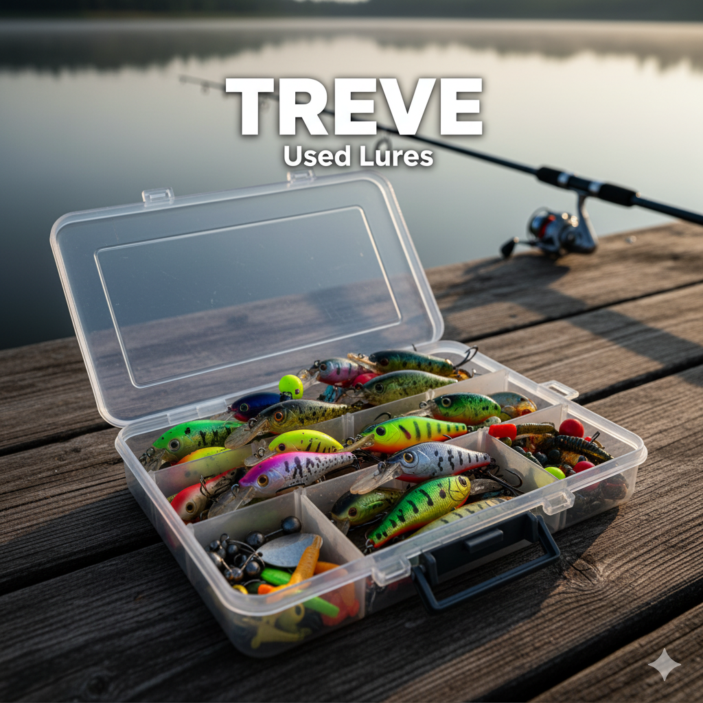 TREVE Used Luresのロゴと、ルアーケースに収められた複数の中古ルアー。高松で釣り具のルアーを高価買取。