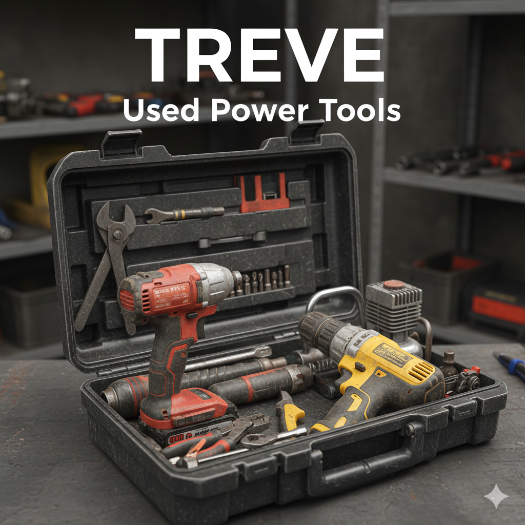 TREVE Used Power Toolsのロゴと、工具箱に収納された電動ドリル、レンチ、ドライバーなどの電動工具セット。高松で中古電動工具を高価買取。