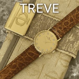 TREVE(トレリバ)のロゴと、金無垢ケースにダイヤモンドがあしらわれた高級ブランド腕時計。茶色のクロコダイルレザーストラップ。高松のブランド時計・貴金属高価買取。