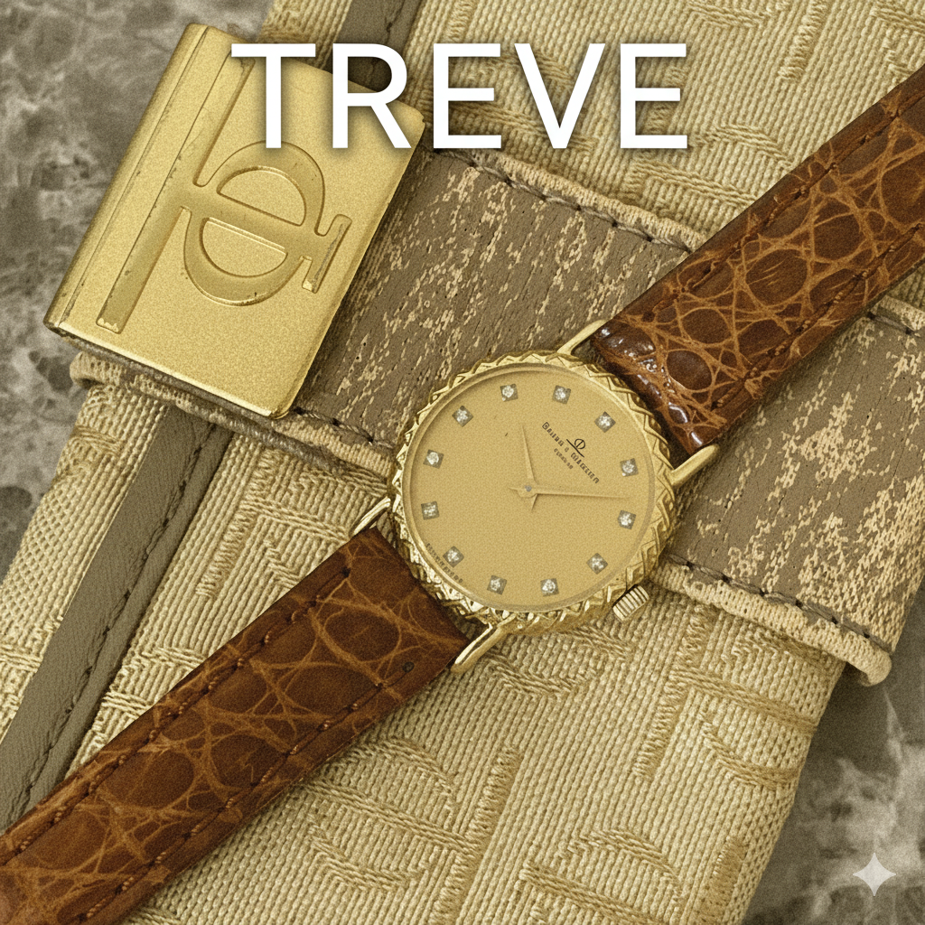 TREVE（トレリバ）のロゴと、金無垢ケースにダイヤモンドがあしらわれた高級ブランド腕時計。茶色のクロコダイルレザーストラップ。高松のブランド時計・貴金属高価買取。