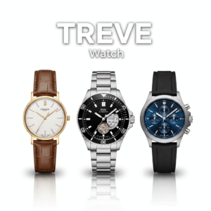 TREVE Watchのロゴと、革ベルト、メタルバンド、クロノグラフの高級ブランド腕時計3点。ロレックス、オメガなど高松で時計を高価買取。