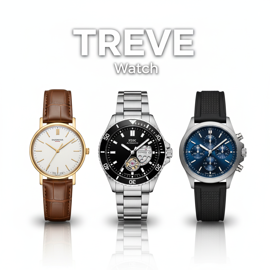 TREVE Watchのロゴと、革ベルト、メタルバンド、クロノグラフの高級ブランド腕時計3点。ロレックス、オメガなど高松で時計を高価買取。