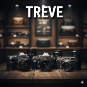 TREVE（トレリバ）のロゴと、防湿庫に並べられた多数のデジタルカメラ機材。カメラ・レンズも専門知識で高価買取する高松の買取店。