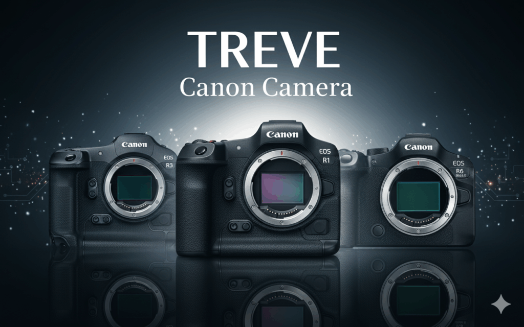 Canon（キヤノン）のミラーレス一眼カメラ、EOS R3、R1、R6 Mark IIが並べられた画像。高松市内のキヤノン・カメラ買取専門店「TREVE」のイメージ。