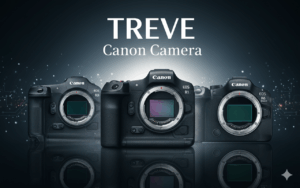 Canon（キヤノン）のミラーレス一眼カメラ、EOS R3、R1、R6 Mark IIが並べられた画像。高松市内のキヤノン・カメラ買取専門店「TREVE」のイメージ。