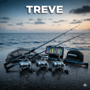 TREVE（トレリバ）のロゴと、海辺に置かれたシマノ（SHIMANO）のキャップ、ロッド、リール、ルアーボックスなどの釣り具一式。高松で釣り道具を高価買取。