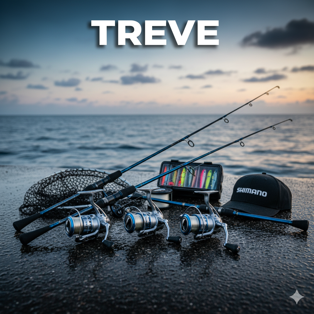 TREVE（トレリバ）のロゴと、海辺に置かれたシマノ（SHIMANO）のキャップ、ロッド、リール、ルアーボックスなどの釣り具一式。高松で釣り道具を高価買取。