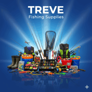 TREVE Fishing Suppliesのロゴと、釣り竿、リール、ルアー、ライフジャケットなど釣り具一式。高松で釣り道具を高価買取。