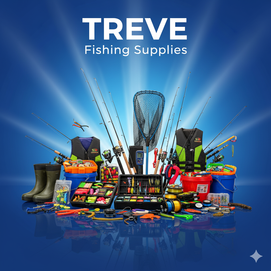 TREVE Fishing Suppliesのロゴと、釣り竿、リール、ルアー、ライフジャケットなど釣り具一式。高松で釣り道具を高価買取。