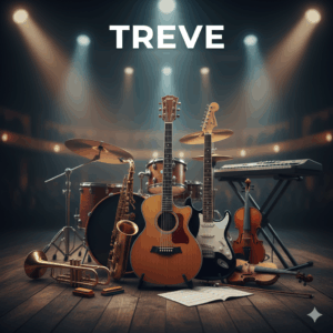 TREVE(トレリバ)のロゴと、ステージに置かれたギター、ドラム、サックス、バイオリンなどの楽器一式。高松でギターや管楽器を高価買取。