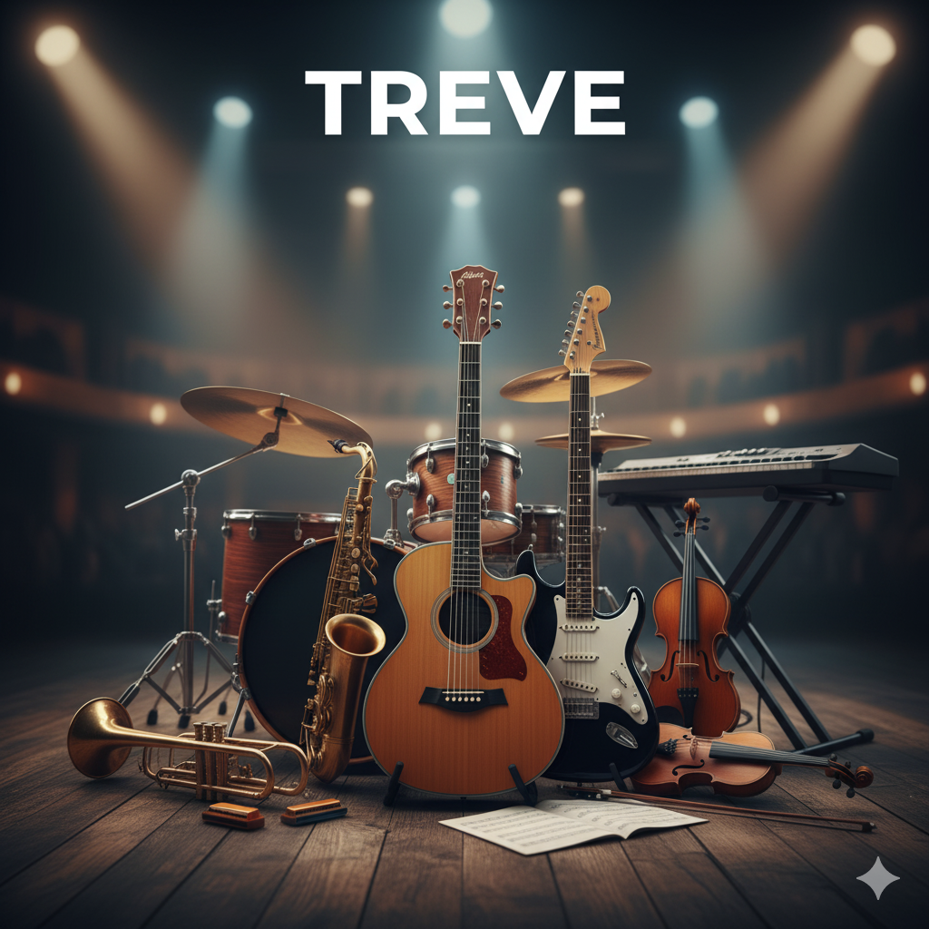 TREVE（トレリバ）のロゴと、ステージに置かれたギター、ドラム、サックス、バイオリンなどの楽器一式。高松でギターや管楽器を高価買取。