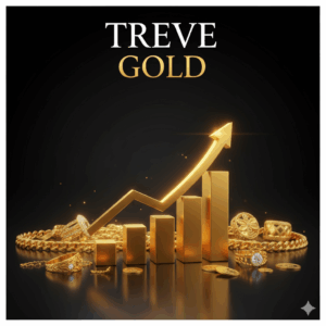 TREVEのロゴと金色の右肩上がりのグラフ。金、プラチナなどの貴金属相場高騰と高額買取をアピール。
