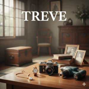 アンティーク調の室内にある木製テーブルに、腕時計、ゴールドのネックレス、フィルムカメラ（CONTAXのロゴ入り）、電動ドリル、古い写真立てが並べられている画像。背景には木製の家具や窓が見える。中央上部に「TREVE」という文字がある。遺品整理や生前整理で買取を行うサービスを想起させるイメージ。