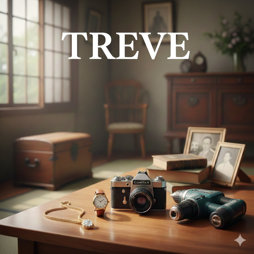 アンティーク調の室内にある木製テーブルに、腕時計、ゴールドのネックレス、フィルムカメラ（CONTAXのロゴ入り）、電動ドリル、古い写真立てが並べられている画像。背景には木製の家具や窓が見える。中央上部に「TREVE」という文字がある。遺品整理や生前整理で買取を行うサービスを想起させるイメージ。