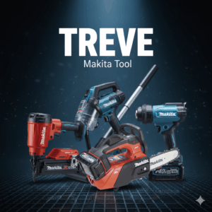 マキタ（Makita）のチェーンソー、釘打ち機、コードレス掃除機、ヒートガンなどの電動工具が並べられた画像。高松市内のマキタ工具買取専門店「TREVE」のイメージ。