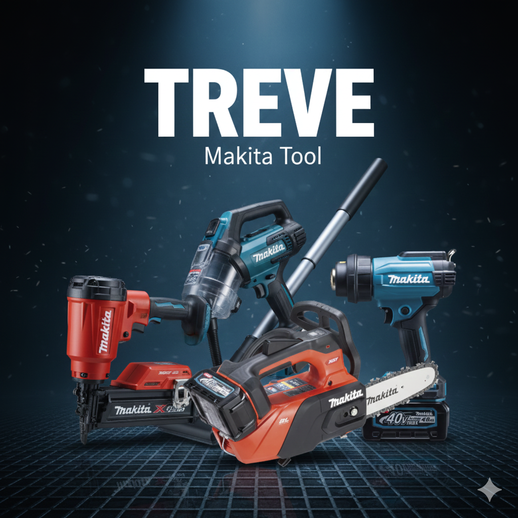 マキタ（Makita）のチェーンソー、釘打ち機、コードレス掃除機、ヒートガンなどの電動工具が並べられた画像。高松市内のマキタ工具買取専門店「TREVE」のイメージ。