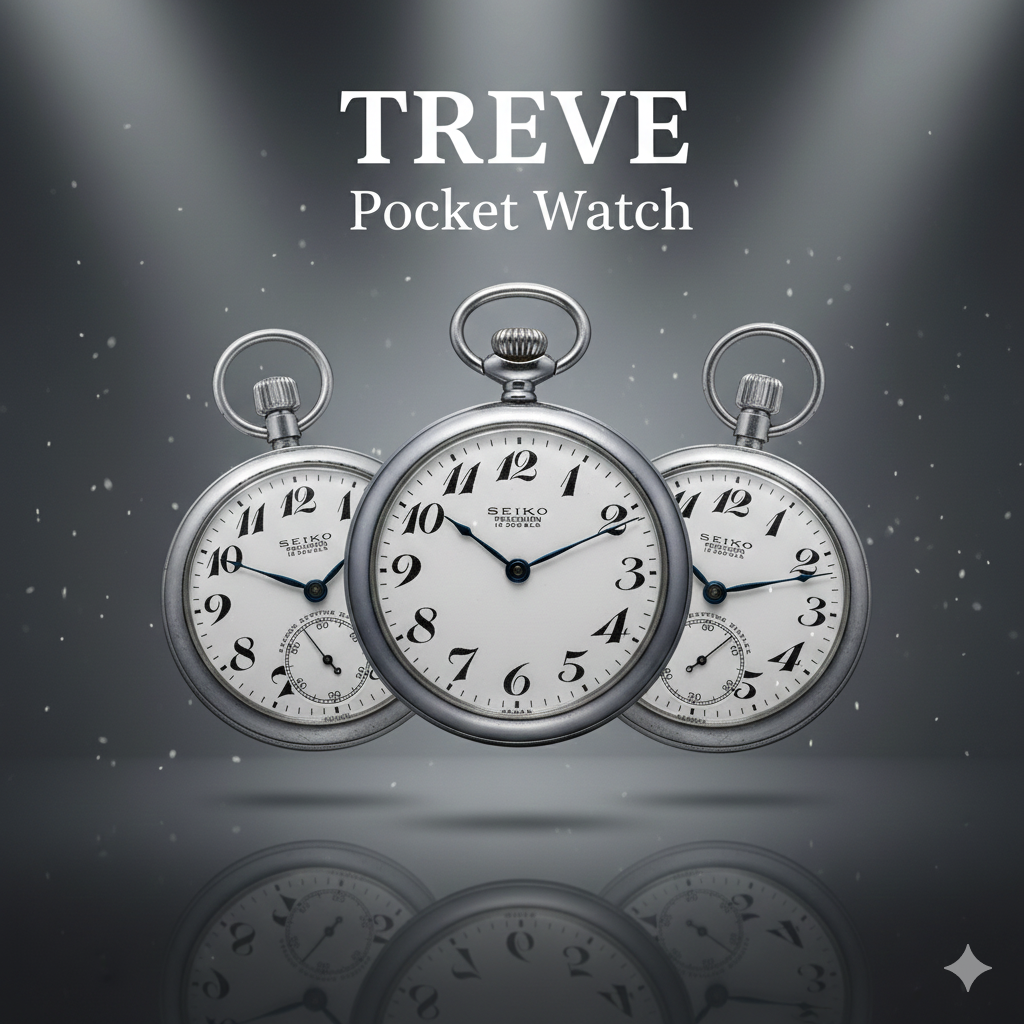 SEIKO（セイコー）の古い機械式懐中時計（ポケットウォッチ）が3つ並べられている画像。高松市内の懐中時計・時計買取専門店「TREVE」のイメージ。