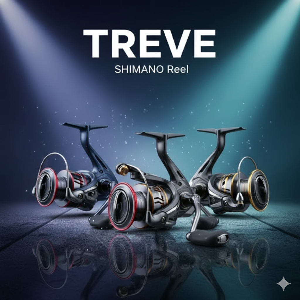 SHIMANO（シマノ）のスピニングリールが3台並べられた画像。高松市内のシマノ・釣具買取専門店「TREVE」のイメージ。