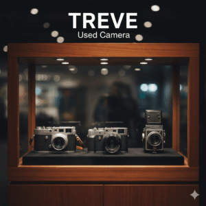 TREVE Used Cameraのロゴと、ショーケースに飾られたライカのようなヴィンテージカメラ。高松で中古カメラを高価買取。