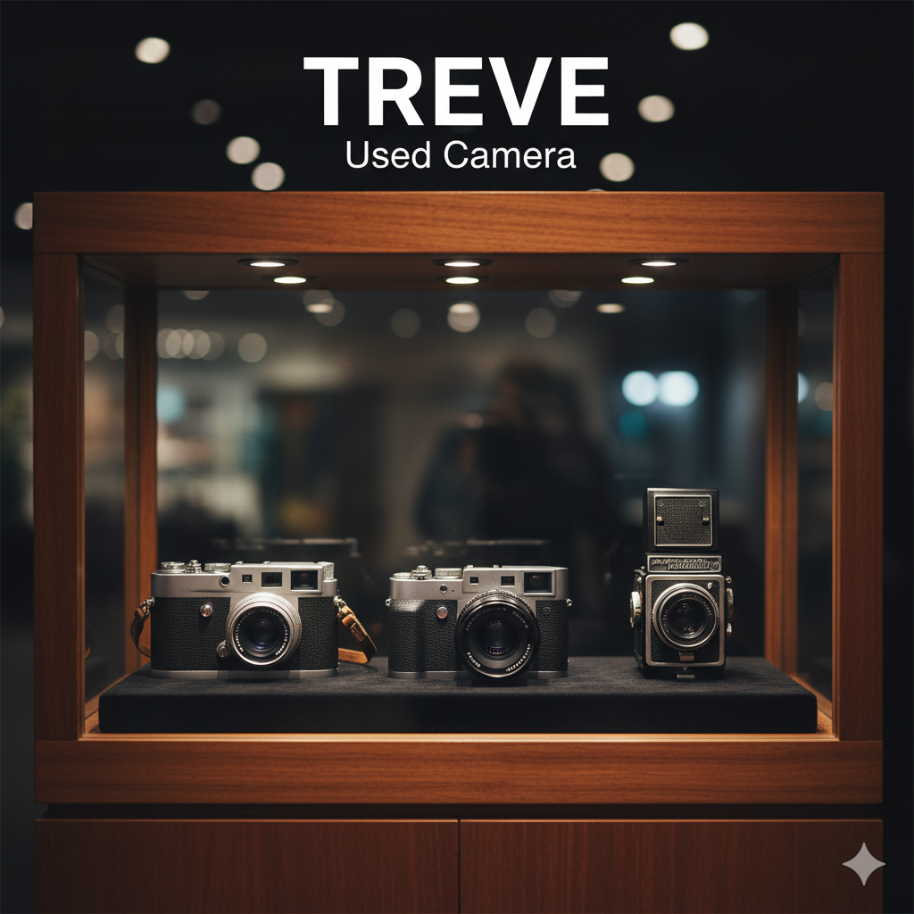 TREVE Used Cameraのロゴと、ショーケースに飾られたライカのようなヴィンテージカメラ。高松で中古カメラを高価買取。