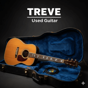 TREVE Used Guitarのロゴと、ハードケースに収められたアコースティックギター。高松で中古ギターを高価買取。