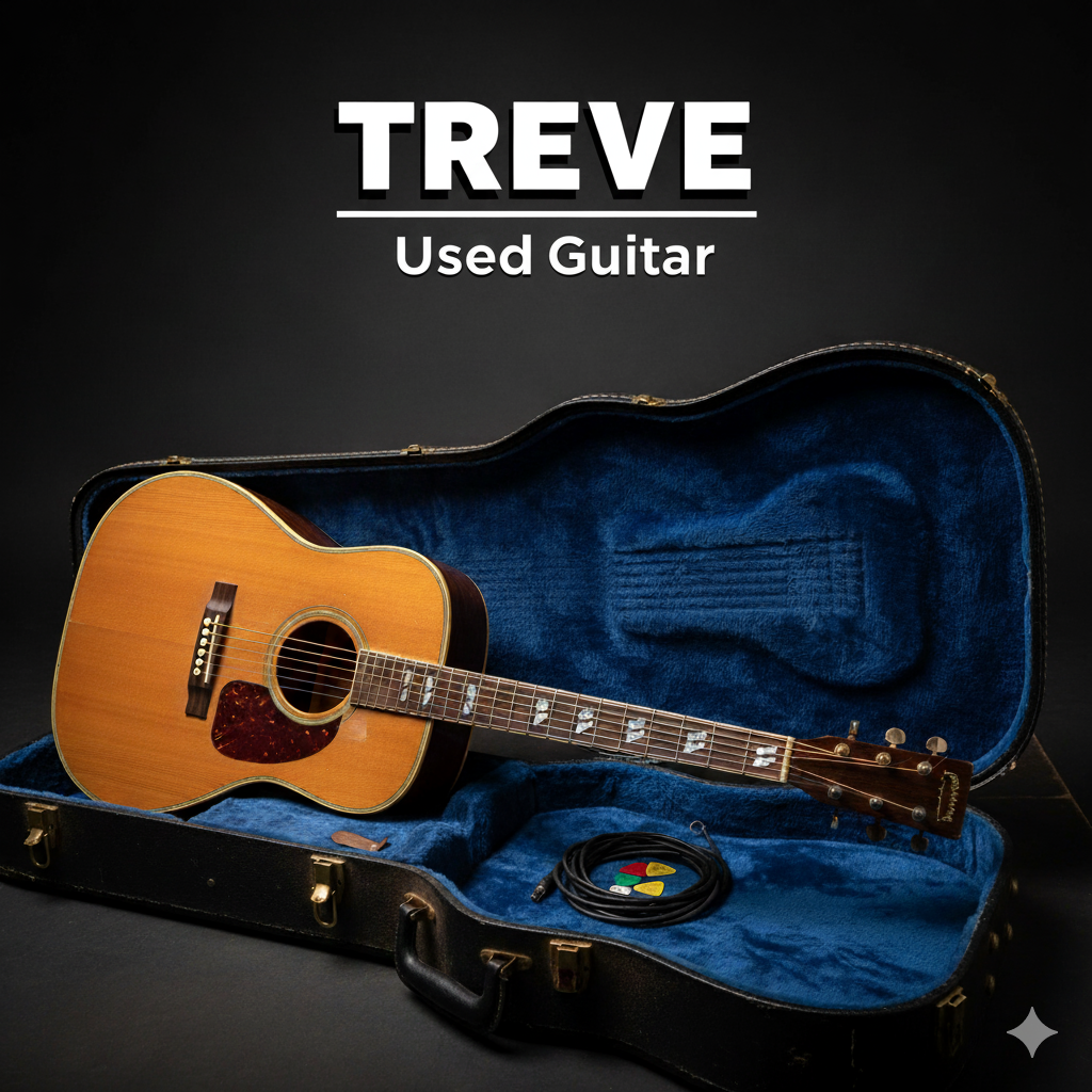 TREVE Used Guitarのロゴと、ハードケースに収められたアコースティックギター。高松で中古ギターを高価買取。