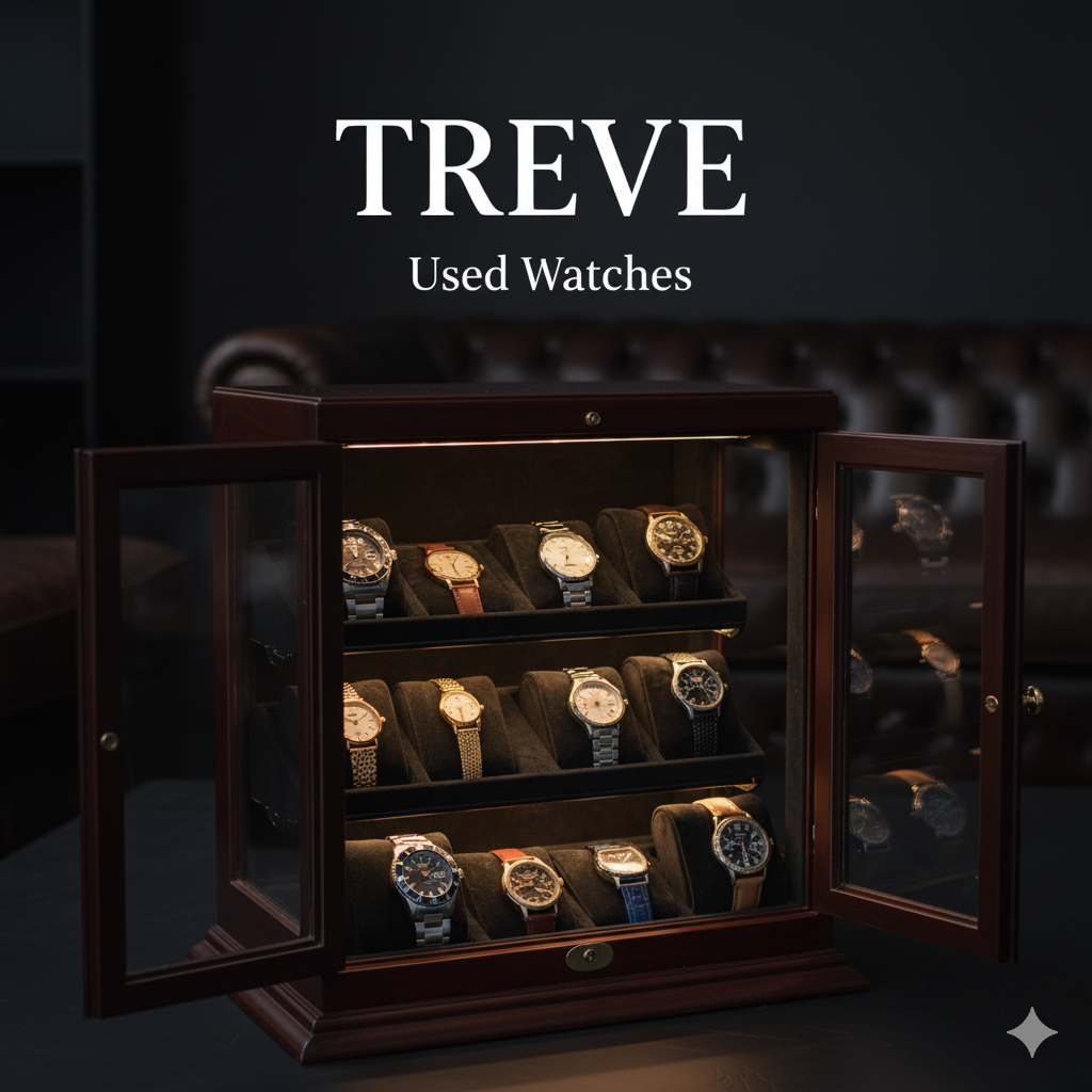 TREVE Used Watchesのロゴと、ショーケースに飾られた複数のブランド腕時計。高松でブランド時計を高価買取。