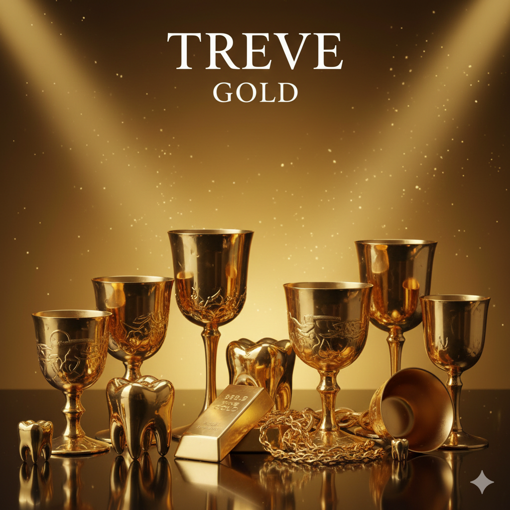 金色のゴブレット、金塊（インゴット）、ネックレス、金の歯などが豪華に並べられた画像。高松市内の金・貴金属買取専門店「TREVE」のイメージ。