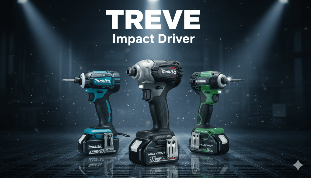 Makita（マキタ）やHiKOKI（ハイコーキ）の18Vインパクトドライバーなど、複数の電動工具が並べられた画像。高松市内の電動工具買取専門店「TREVE」のイメージ。