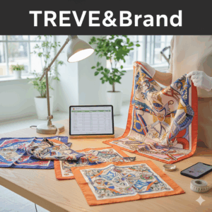 明るい査定ブースの木製テーブルの上で、白い手袋をはめた鑑定士がエルメス（HERMÈS）のカレなどのブランドスカーフを広げて状態を確認している様子。テーブルには査定データが表示されたタブレットとスマートフォンが置かれている画像。高松市のブランド買取専門店「TREVE」のイメージ。