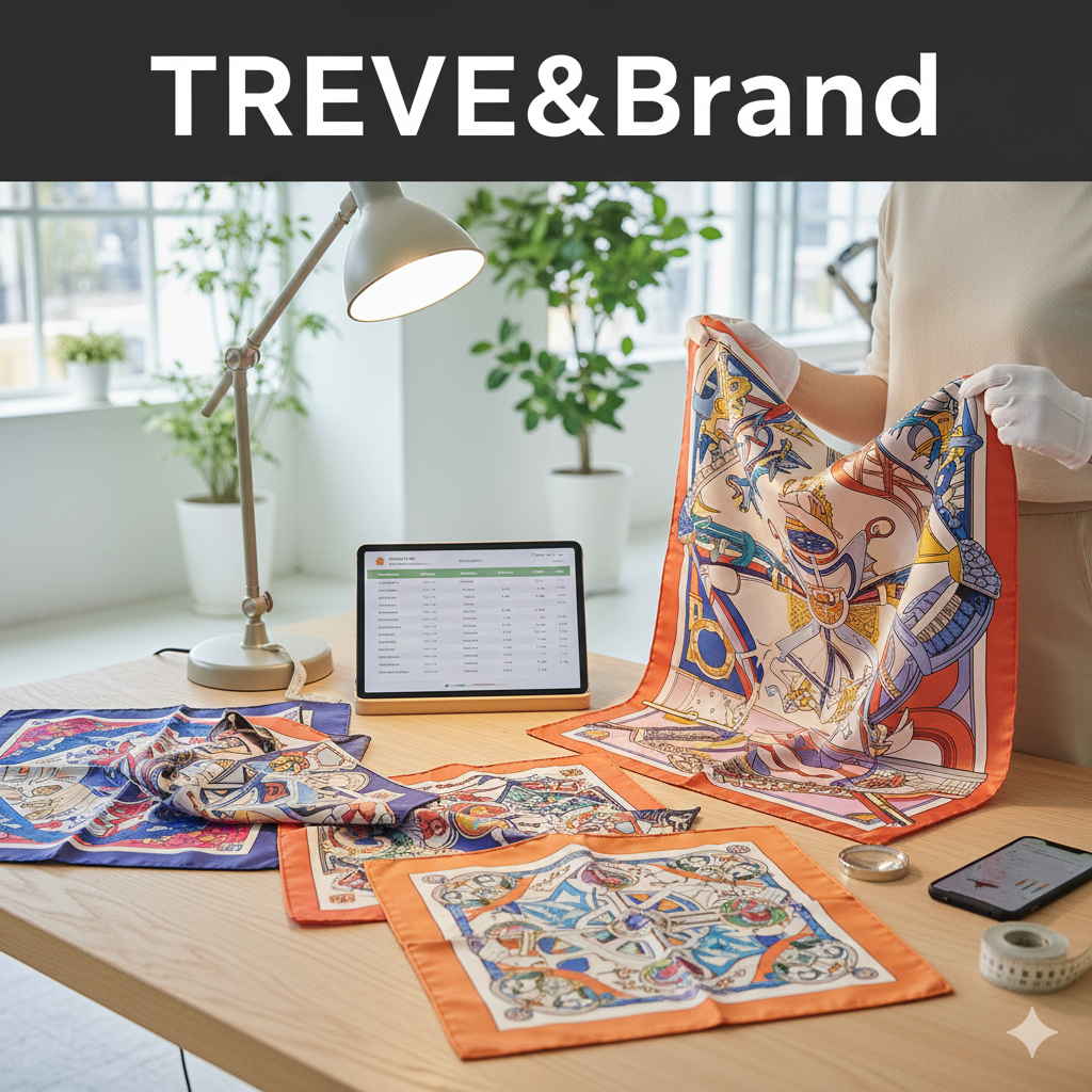 明るい査定ブースの木製テーブルの上で、白い手袋をはめた鑑定士がエルメス（HERMÈS）のカレなどのブランドスカーフを広げて状態を確認している様子。テーブルには査定データが表示されたタブレットとスマートフォンが置かれている画像。高松市のブランド買取専門店「TREVE」のイメージ。