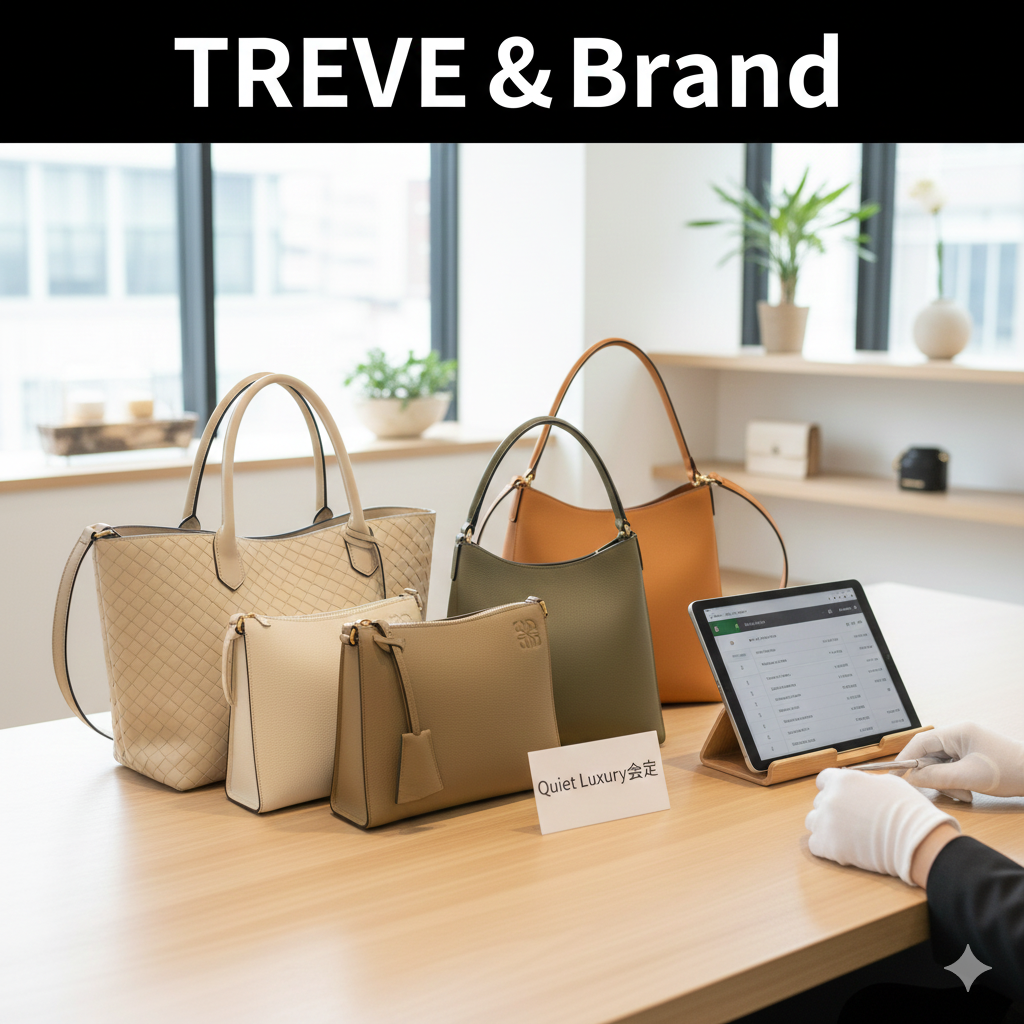 「TREVE & Brand」の文字が入った画像。明るい店舗のカウンターに、ロエベ（LOEWE）のハンモックやパズルバッグなどの人気モデルが並べられている。白い手袋をはめた鑑定士がタブレットで査定リストを確認しており、「Quiet Luxury査定」と書かれた札が添えられている。高松市のブランド買取店「TREVE」のイメージ。