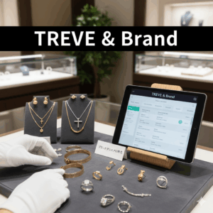 「TREVE & Brand」の文字が入った画像。高級感のある店舗のショーケース前で、白い手袋をはめた鑑定士がカルティエのラブブレスやリング、クロスネックレスなどのブランドジュエリーを査定している様子。横のタブレットには「TREVE & Brand」の査定画面が表示され、「ブランドジュエリーに特化」と書かれた札が添えられている。