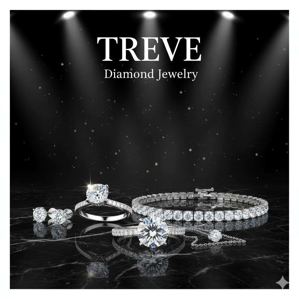 光沢のある黒い大理石の上に、ダイヤモンドの立て爪リング、テニスブレスレット、一粒ダイヤモンドのネックレスとピアスが並べられた画像。高松市内のダイヤモンドジュエリー買取専門店「TREVE」のイメージ。