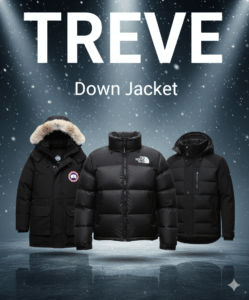 CANADA GOOSE(カナダグース)やTHE NORTH FACE(ノースフェイス)など、人気ブランドの黒いダウンジャケット3着が雪景色の中に置かれた画像。高松市内のブランドアパレル買取専門店「TREVE」のイメージ。