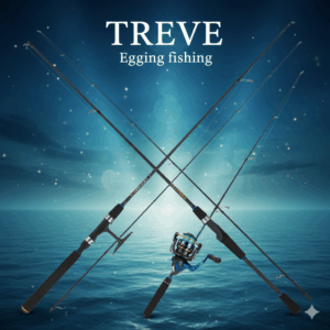 青い海を背景に、エギングロッドとスピニングリールがクロスして立てられている画像。高松市内のエギング・釣具買取専門店「TREVE」のイメージ。