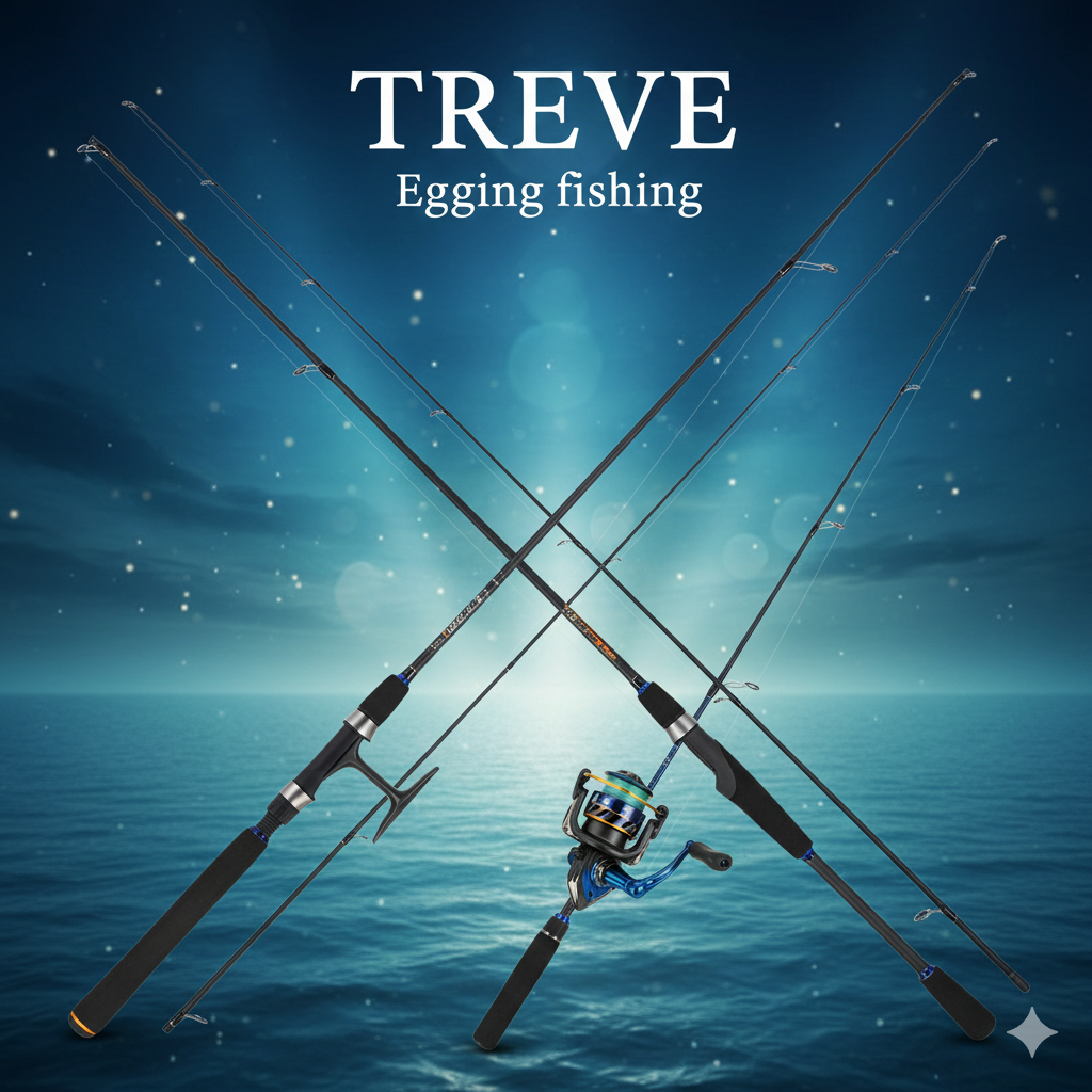 青い海を背景に、エギングロッドとスピニングリールがクロスして立てられている画像。高松市内のエギング・釣具買取専門店「TREVE」のイメージ。