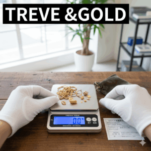 「TREVE & GOLD」の文字が入った画像。明るい査定ブースで、白い手袋をはめた鑑定士がデジタルスケールの上に乗った金ネックレスやピアス、金歯などの貴金属を丁寧に扱っている様子。スケールの液晶は青く光り、横には注意事項が書かれた書類が置かれている。高松市の金買取専門店「TREVE」のイメージ。