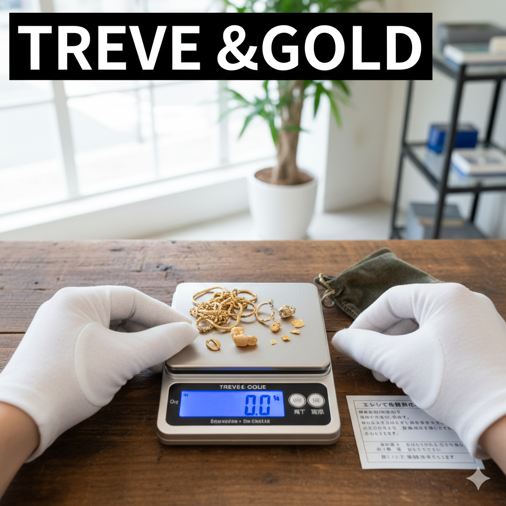 「TREVE & GOLD」の文字が入った画像。明るい査定ブースで、白い手袋をはめた鑑定士がデジタルスケールの上に乗った金ネックレスやピアス、金歯などの貴金属を丁寧に扱っている様子。スケールの液晶は青く光り、横には注意事項が書かれた書類が置かれている。高松市の金買取専門店「TREVE」のイメージ。