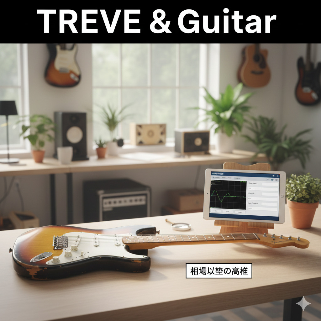 明るい査定ブースの木製テーブルの上に、サンバーストカラーのFender（フェンダー）ストラトキャスターが置かれている画像。傍らには「相場以上の高値」と書かれた札と、査定用タブレットが配置されている。背景にはギターアンプや観葉植物が見える。高松市の楽器買取専門店「TREVE」のイメージ。